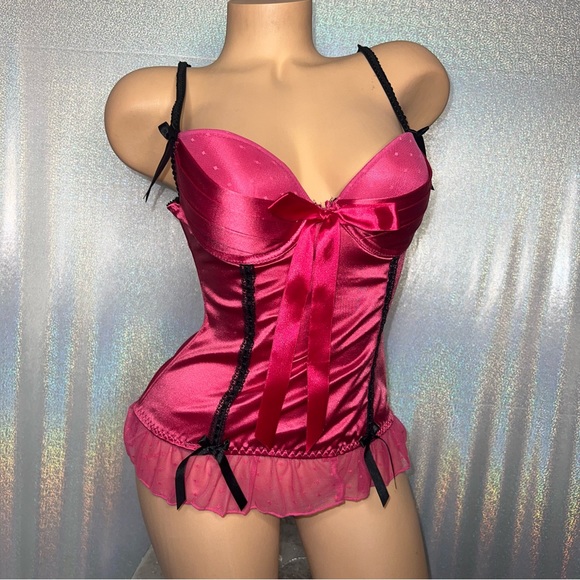 icollection corset top pink black shiny satin bows lace up sexy lingerie costume - Picture 4 of 11
